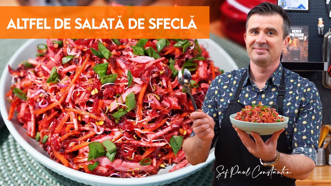 Salată de sfeclă roșie cu hrean, șuncă de pui și germeni — rețeta rapidă, sățioasă & vibrantă