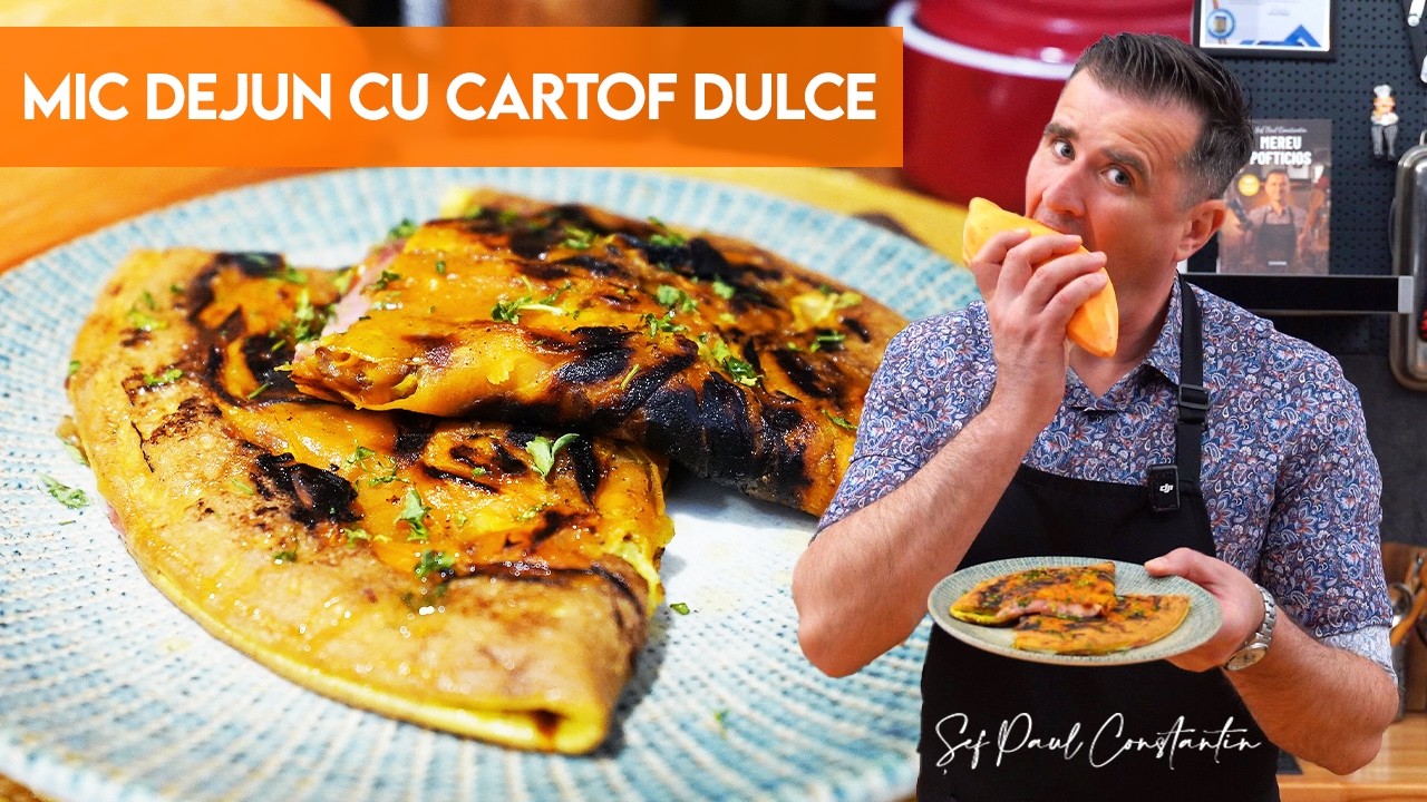 Mic dejun rapid cu cartof dulce – Ouă, cașcaval și salam în tigaie